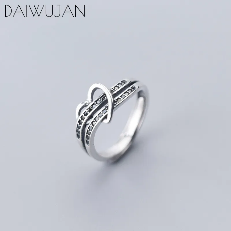 DAIWUJAN, Ретро стиль, 925 пробы, серебро, две линии, черный кристалл, тайское серебро, сердце, Ретро стиль, открытые кольца для женщин, вечерние, хорошее ювелирное изделие