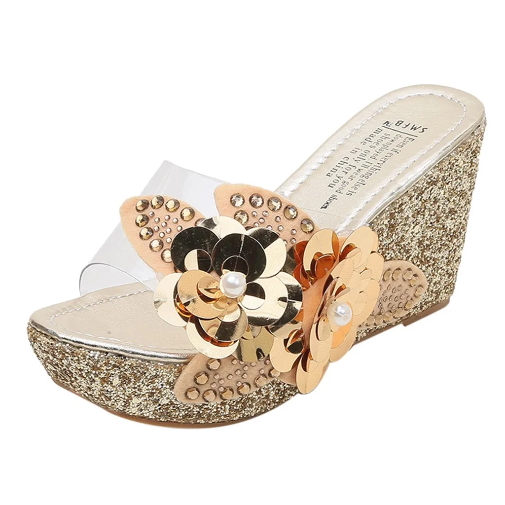 

SAGACE Fashion Womens Summer Rhinestone sequins Round Toe Platform Comfortable Sandals Roman Wedges slip-on Beach Shoes X1217
