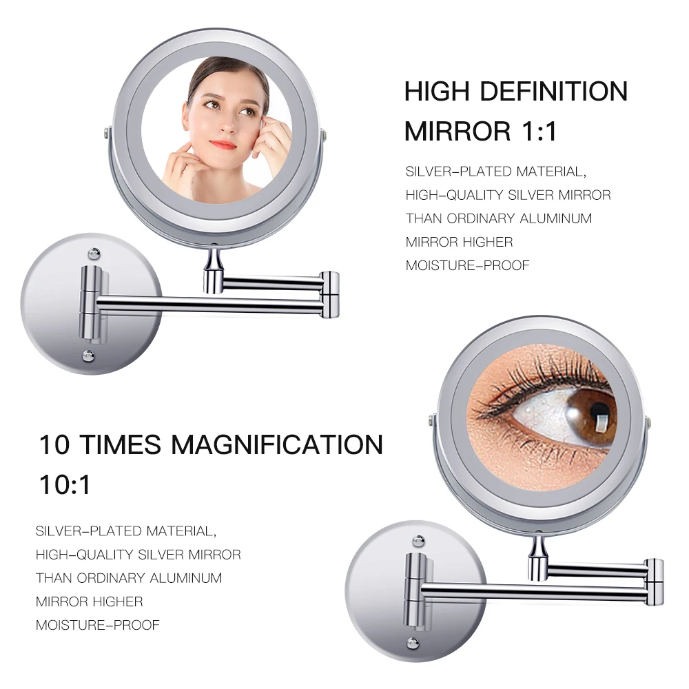Led Makeup Mirror With Light Folding Wall Vanity Mirror 1x 10x Magnifying Double Sided Touch Bright