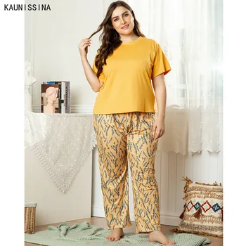 

Plus Size Sleepwear Women Pajamas Set Short Sleeve Top Long Pants Lounge Wear Female Lingerie Nightwear Sets Home Clothes XL-4XL