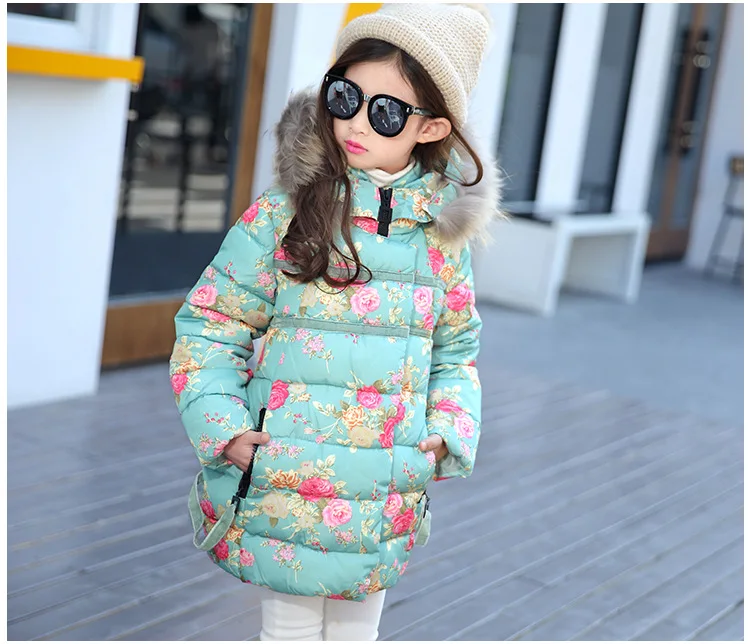 Childrenswear Winter Style Korean-style Girls' Fur Collar Cotton-padded Clothes Thick Coat Mid-length Floral-Print Cotton-p