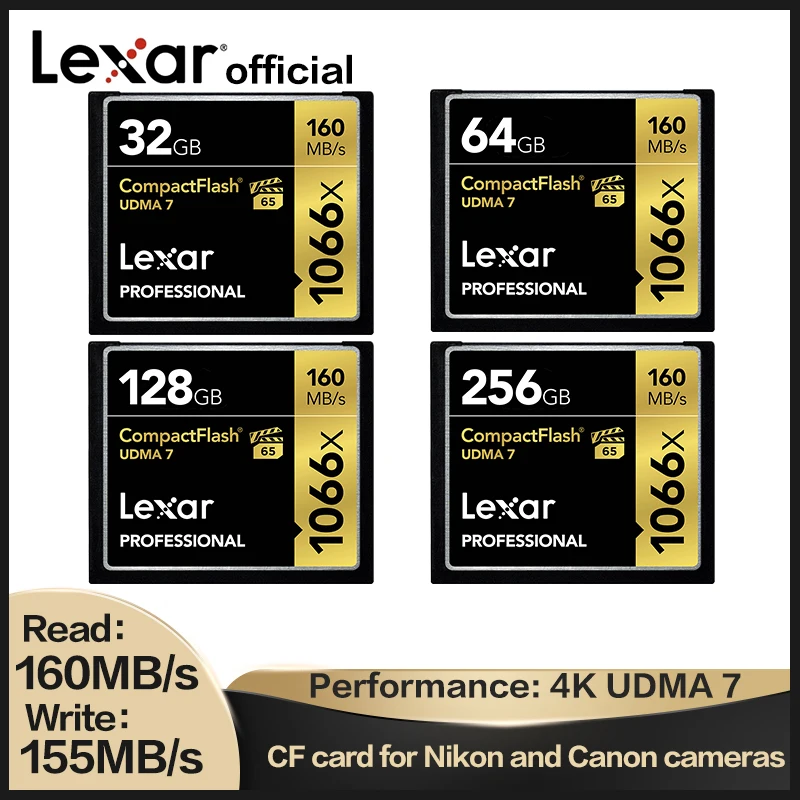Компактная флэш-карта Lexar 1066X CF объемом 256 ГБ 128 64 32 памяти 160 дюйма для видеокамер и