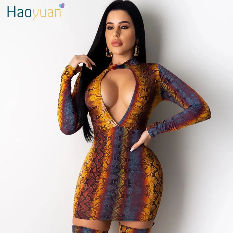 

HAOYUAN Sexy Snake Print Party Night Club Dresses Women Vestidos 2020 Spring Fashion Clothes Elegant Long Sleeve Bodycon Dress