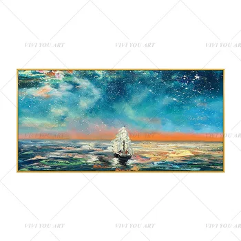 

100% Handmade White Ship Blue Sea Abstract Painting Modern Art Picture For Living Room Modern Cuadros Canvas Art High Quality