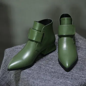 

PU Fashion Low Women Ankle Boots Solid Pointed Toe Hook Loop Vintage Boots Autumn 2121 Square Heel Chelsea Retro Big Size Shoes
