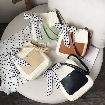 

Women's Handbags Fashion Casual Color Block Straw Woven Bags Daily Wild Shoulder Bags Large Capacity Shopping Bag With Scarf