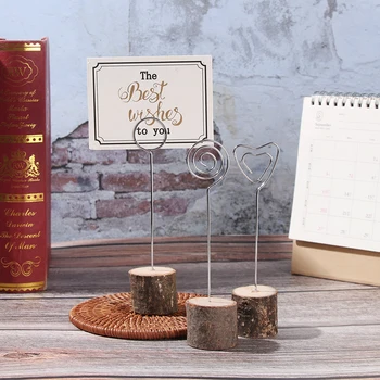 

1/5PC Wooden Stump Metal Wire Business Cards Holder Wedding Christmas Party Name Place Card Holder Office Desk Menu Photo Clips