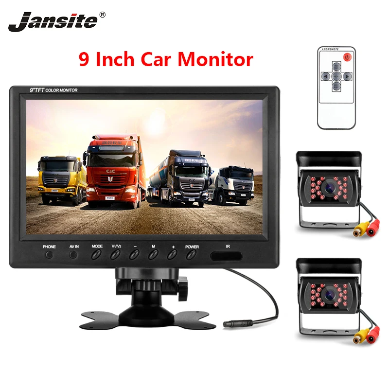  Jansite 9 inch Car Monitor HD Display 2 video input IP67 Waterproof Backup cam Image Flip 12-24V Tr
