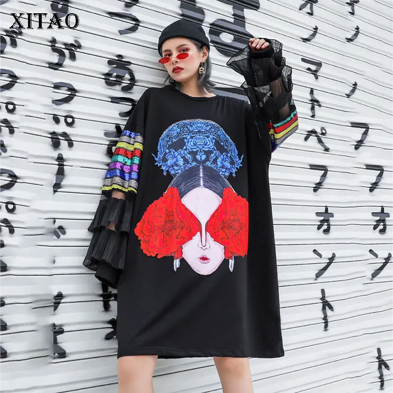 XITAO Tide лоскутный принт мини-платье с длинными расклешенными рукавами и круглым вырезом модное свободное Повседневное платье большого размера женское GCC1962