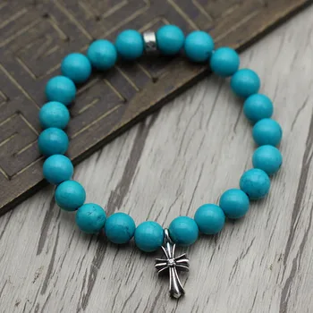 

Thai Silver Personality Turquoise Cross Mosaic Punk Wind Men Women Retro HString Sterling Silver 925 Bracelet