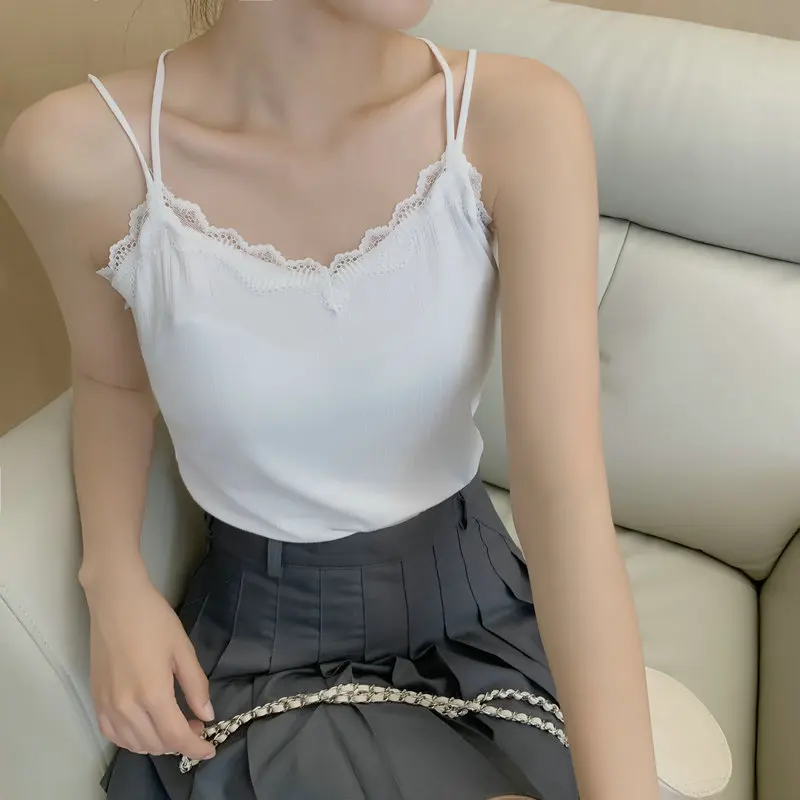 

Sexy V-Neck Tank Crop Tops Women Lace Solid Shirt Underwear Fashion Female External Wear White Camisole Top Sexy Shirt 2020 New
