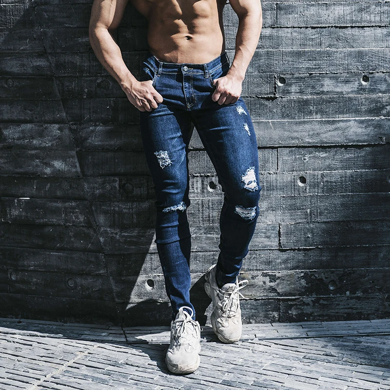 New Skinny Ripped Jeans Men Muscle Jean High Quality Pencil Male Casual Pants Plus Size Cotton Denim Trousers