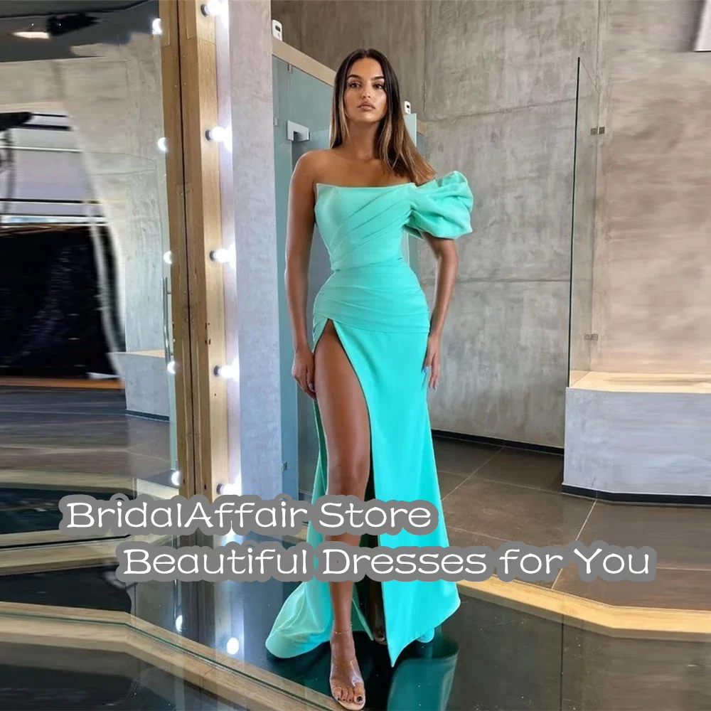BridalAffair Turquoise One Shoulder Short Sleeves Satin Pleats Prom Gowns High Split Fashion Formal Party Evening Dresses yellow formal dresses