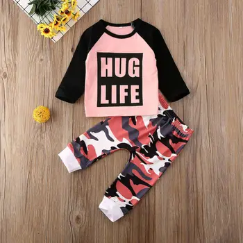 

2019 New Fashion Pink Camo Newborn Baby Girl Boy Tops Romper +Long Pants Headband Outfits Set 2PCS