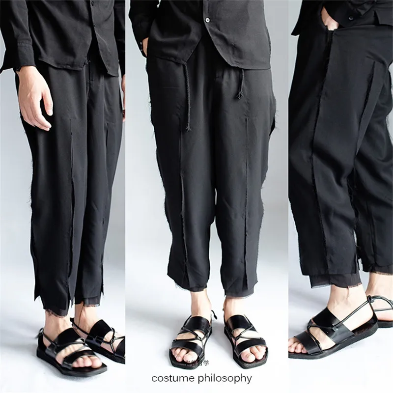 27-44 Spring Summer Thin Men Style Break Hole Casual Pants 9 Pants Tide Stylist Style Double Male Walking Show Clothe