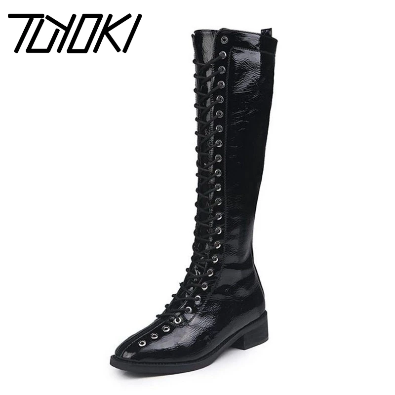 

Tuyoki Knee High Boots Women Patent Leather Lace Up Roman Style Shoes Women Winter Warm Casual Low Heel Footwear Size 35-40