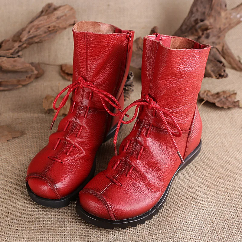 

Vintage Style Genuine Leather Women Boots Flat Booties Soft Cowhide Women's Shoes Front Zip Ankle Boots zapatos mujer