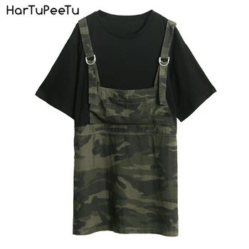 

Long T Shirt Women Oversized 2020 Patchwork Denim Camouflage Summer Tops with Strap Short Sleeve Pockets Loose Casual Tees Shirt