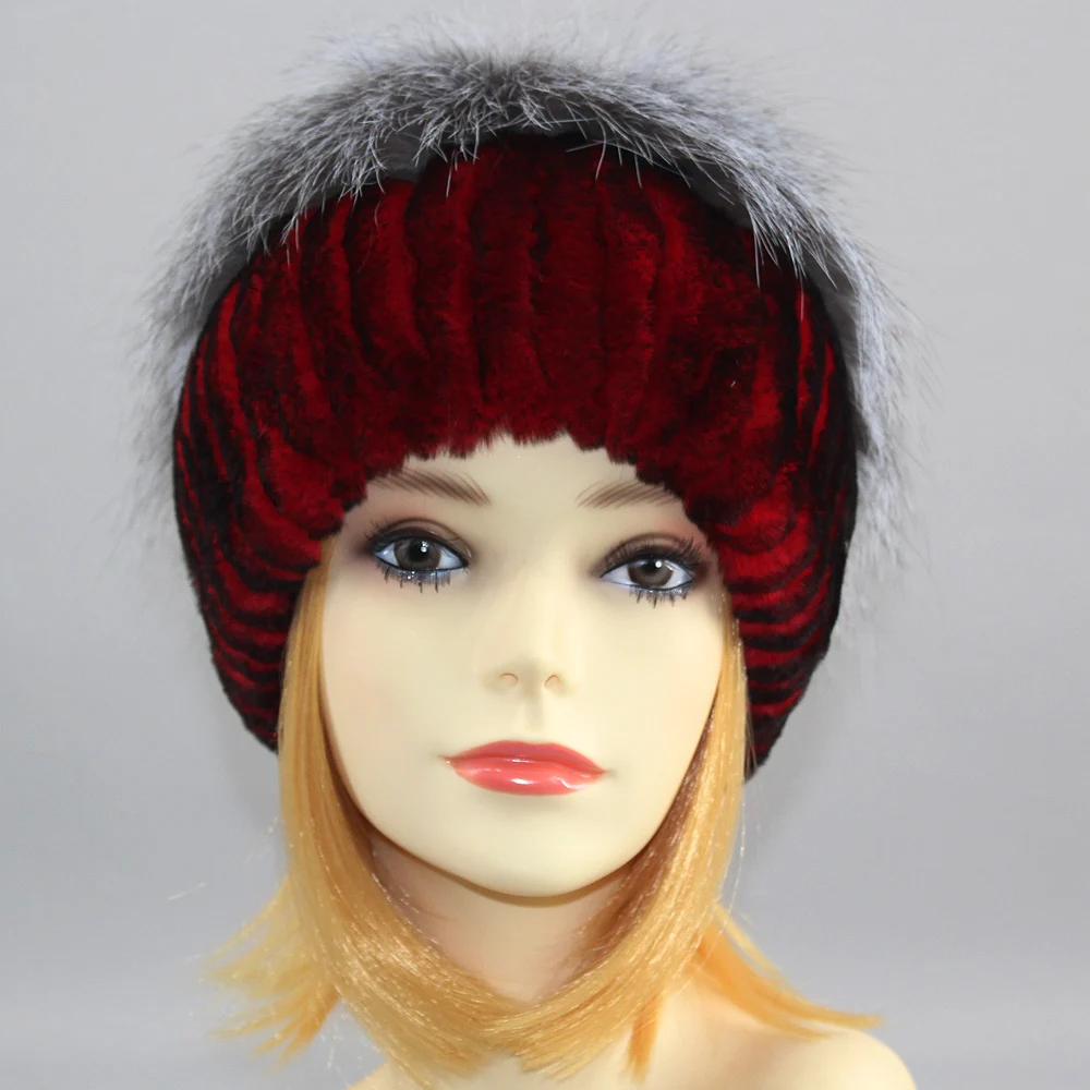 Hot Sell Winter Lady Beanie Hat Women Real Rex Rabbit Fur Hats Knitting Thicken Fur Hat Female Luxury Fox Fur Cap Beanies