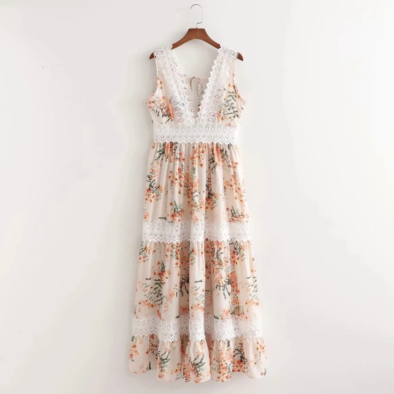 Summer Women Deep V Neck Lace Splicing Printed Vest Dress Female Holiday Style Clothes Casual Lady Loose Vestido D7753 | Женская одежда