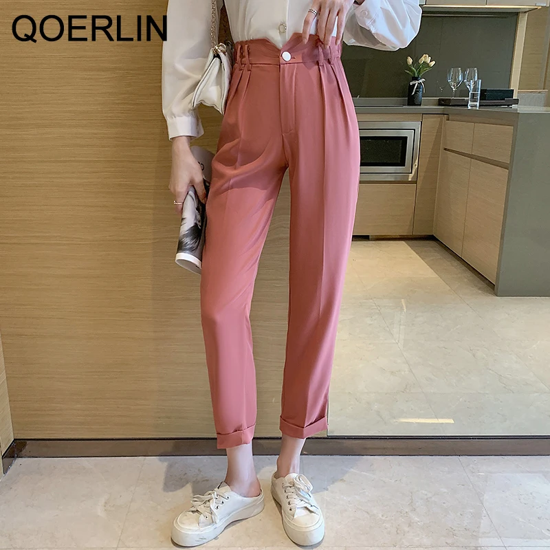 

Стильные женские Костюмные брюки QOERLIN, весенние офисные элегантные черные брюки с эластичным поясом, Осенние однотонные свободные розовые брюки с высокой талией