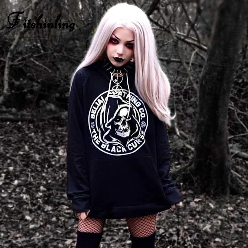 

Fitshinling Goth Dark Women Hoodies Sweatshirts Skull Print Harajuku Grunge Black Hoody Long Sleeve Cool Fashion Poleron Mujer