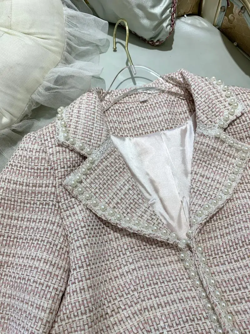 Модные брендовые женские высококачественные роскошные женские осенние элегантные жемчужные твидовые короткие пальто
