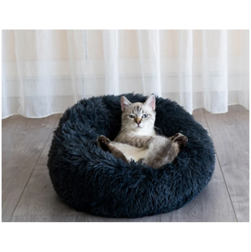 Супер мягкая кошачья кровать моющаяся длинная плюшевая кошачья Конура глубокий сон кошачий домик бархатные коврики диван для кошки Чихуахуа корзина для кошек кровать для домашних животных - Цвет: black