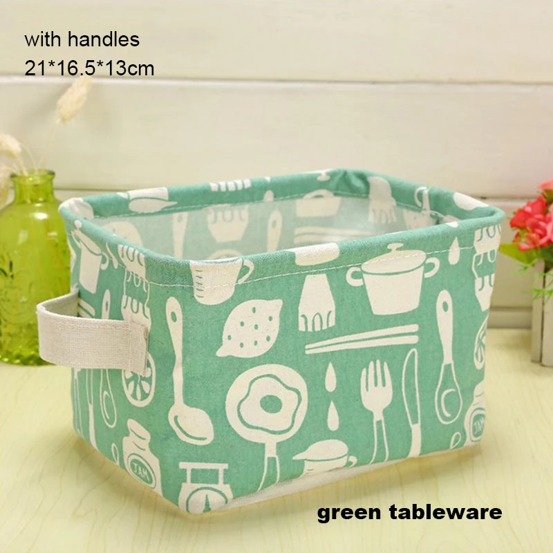 green tableware 1 шт., хлопковая льняная Складная Настольная корзина для хранения мелочей, квадратная Водонепроницаемая игрушка, органайзер для книг, косметическое ведро, корзина для белья - Цвет: green tableware
