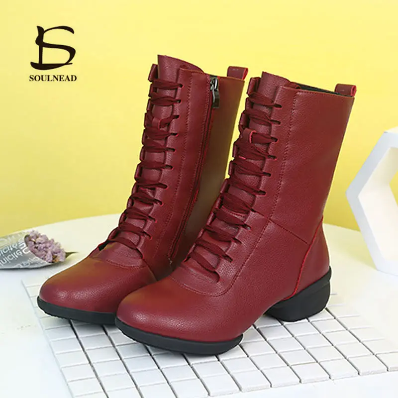 Новые женские высокие танцевальные сапоги из PU искусственной кожи женские современные танцевальные кроссовки осень-зима белого/черного/винно-красного цвета с квадратным каблуком