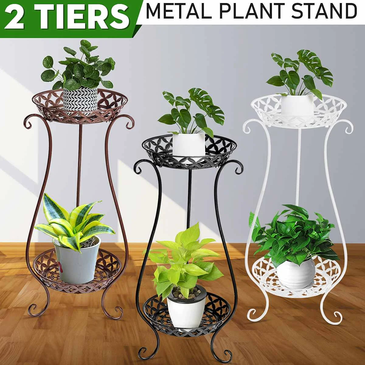 

2 Tiers Nordic Metal Plant Stand Garden Flower Pot Holder Shelves Display Storage Shelf Bookshelf Home Indoor Outdoor Decoration
