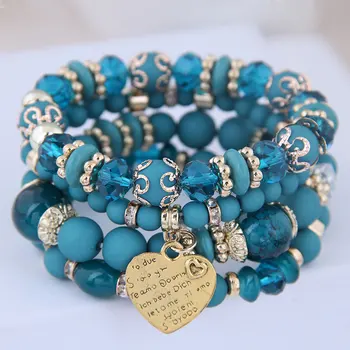 Heart Charm Beads Bracelets Set Women Lava Stone Multilayer Bohemia Bracelet Resin Beads Bracelets