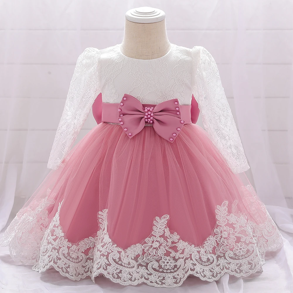 Baby Girls Dress Newborn Girl Long Sleeve Lace Party Wedding Dresses With Big Bow Infant Girl 1st Birthday Princess Dress