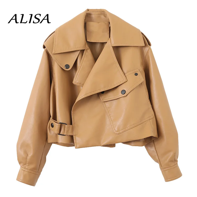 

New Women Streetwear Brown Leather Jacket Vintage Turn Down Collar Short Leather Coat Ladies Biker Moto PU Jackets Woman Outwear