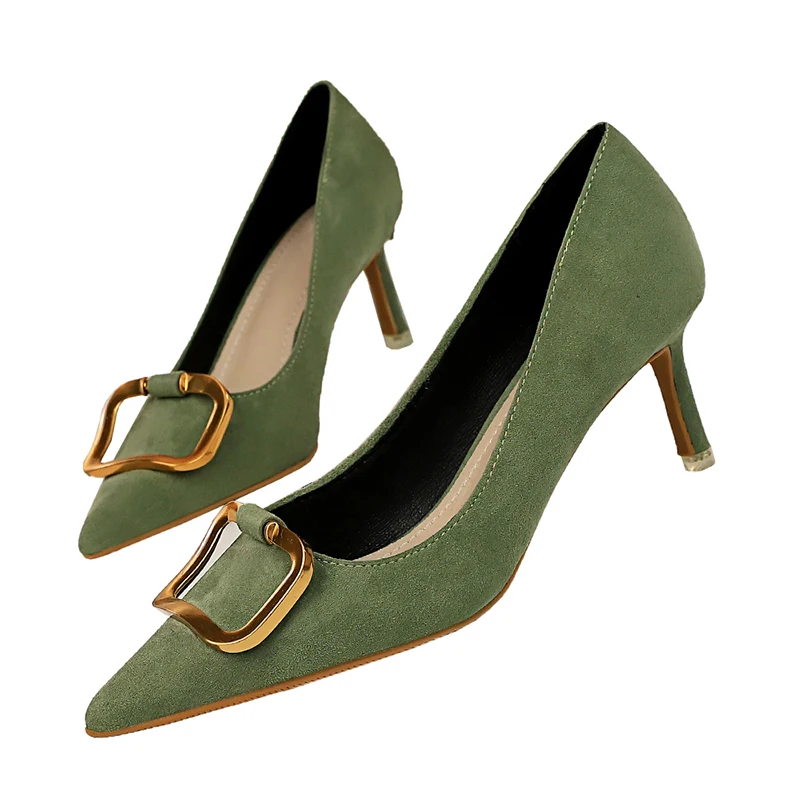 Women 6.5cm High Heels Suede Purples Pumps Lady Scarpins Fashion Kitten Low Heels Sexy Office Green Yellow Office Shoes