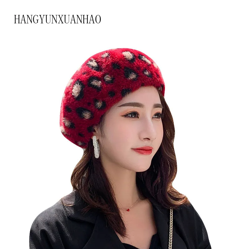 

High Quality Leopard Beret Warm Soft Elastic Women Girls Winter Hat Cap Elegant Female Beret British Style Wholesale 2019 New