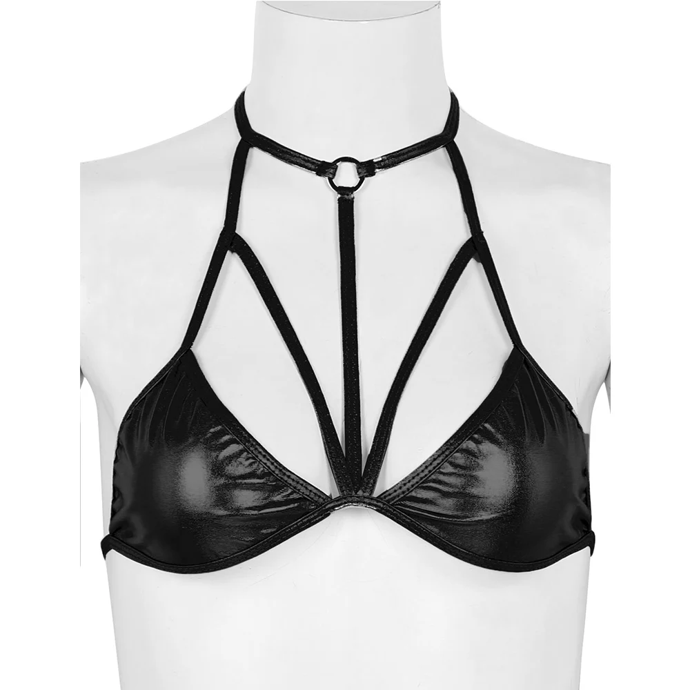 Profesor celebrar comprender Sujetador metálico brillante para mujer, top de Bikini con cuello Halter,  detalles de tiras delanteras, Bralette, Tops de Bikini para Club, Festival,  Ropa de baile