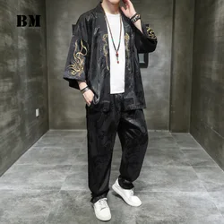 Chinese Style Phoenix Embroidery Cardigan Plus Size Casual Pants Suit Spring Summer Oversized Tang Suit Hanfu Men Clothing