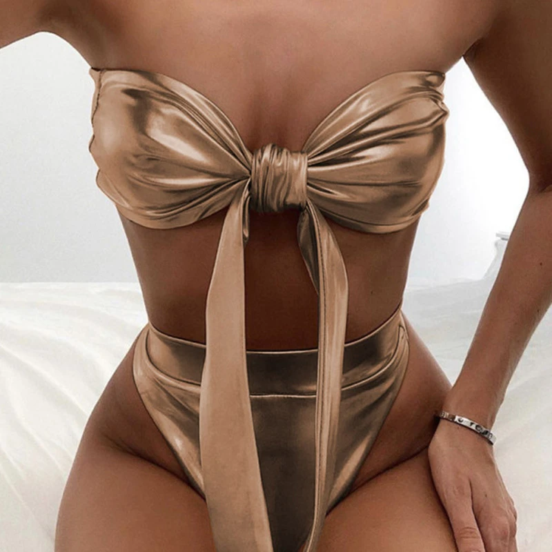 

Women Two-Piece Suits Gold Bikini High Waist Push Up Swimsuit Retro Swimwear Women 2018 Tie up Bathing Suit