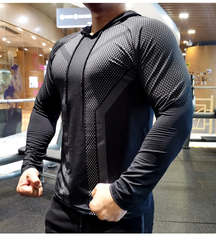 Casual Long Sleeve Men's Breathable Gym Fitness Hooded T Shirt - Men's ...