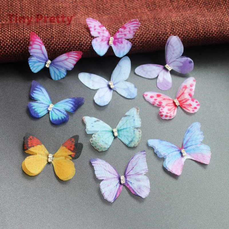 20PCS 3D Organza Butterflies w/ Rhinestone Chiffon Artificial Butterfly  Appliques for Baby Hair Accessory, Party Decoration