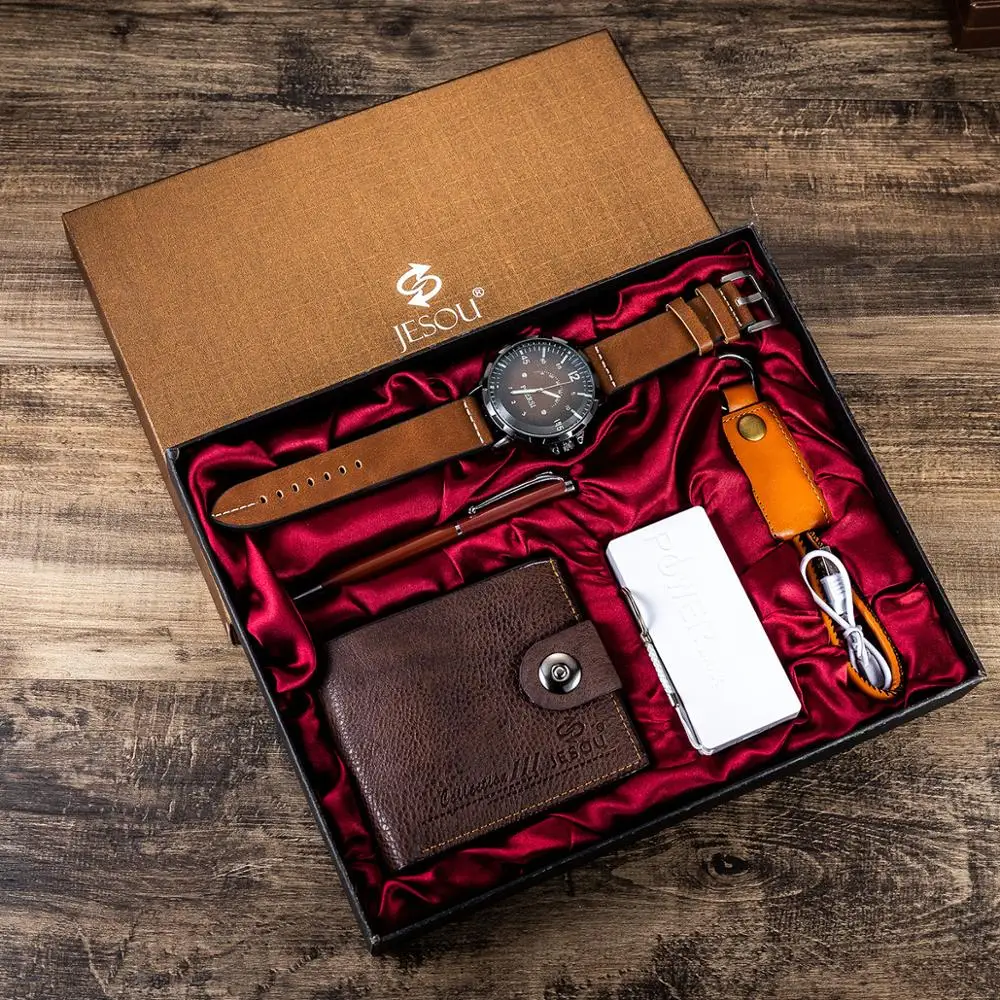

6pcs/set Men's Gift Set Beautifully Packed watch+Wallet Pen Cable Creative Combination Set Watch