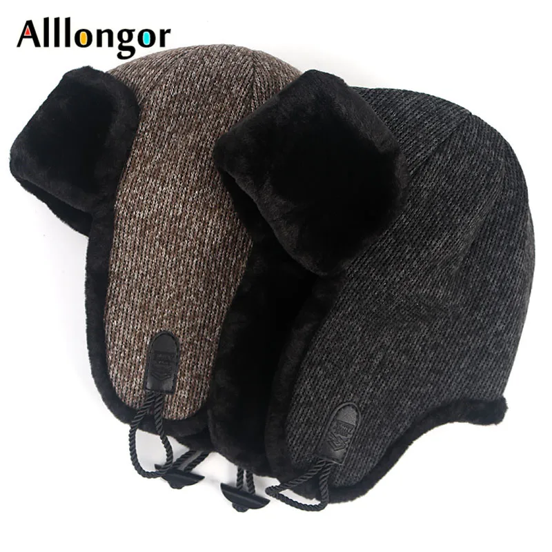 Winter Earflap Russian Hat For Men Ushanka 2021 Fashion Knitted Hats Outdoor Warm Thick Faux Fur Bomber Hats Snow Cap thermal aviator bomber hat