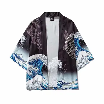 

2020 Fish Wave 3D Printed Japanese Streetwear Kimono Jacket Summer Harajuku Loose Japan Style Hip Hop Loose Kimono Jacket Shirts