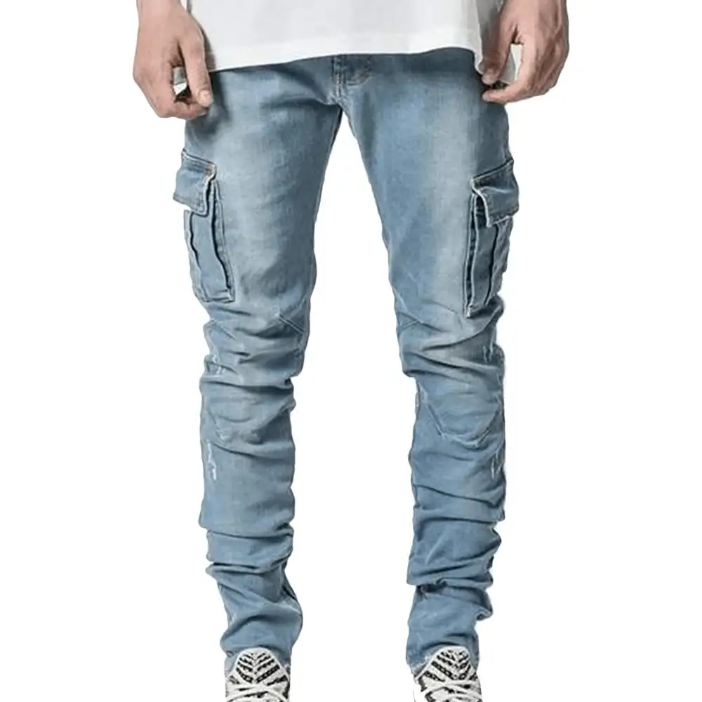 Pantalones vaqueros de los hombres pantalones de algodón Casual Denim Pantalones de bolsillo de carga Jeans hombres nuevos de moda Pantalones de pitillo Vaqueros Slim