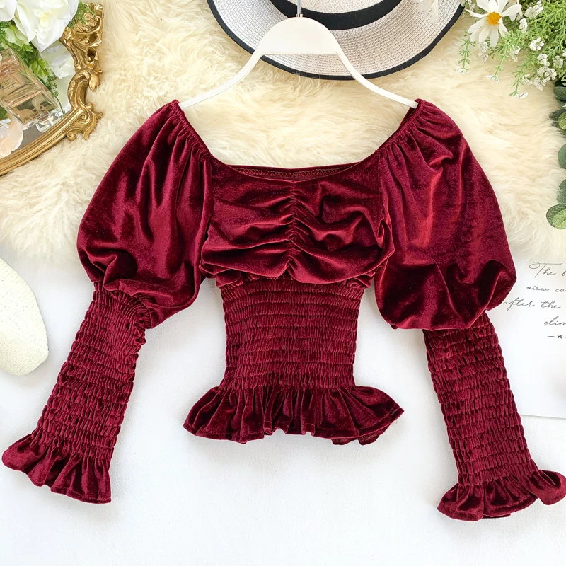 

Chic Retro Long Puff Sleeve Elastic Waist Slimming Short Tops Women Pleated Velvet Square Neck Solid Color Blouse Shirts J800