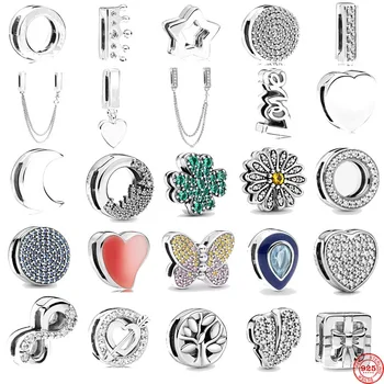 

S925 Silver Reflections Clip Beads Charms Round Crystal Crown Heart moon clover moon Beads Fit Original Pandora Women Bracelet