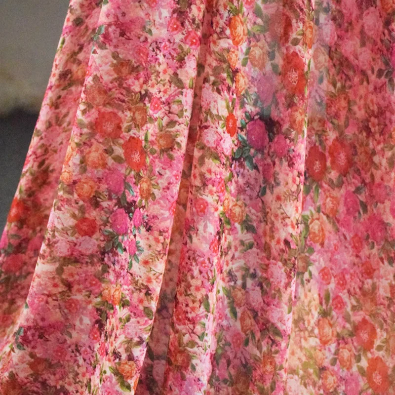 Half Meter New Design Red Colored Flower Print Chiffon Fabric For Dress Shirt Gallus Cheongsam Lady's Garment T1666