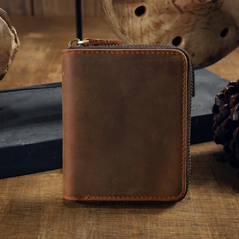 

New Genuine Leather Wallet Clutch Bag Crazy Horse Leather Men Wallet Zip Around Short Money Clip Leather Coin Bag