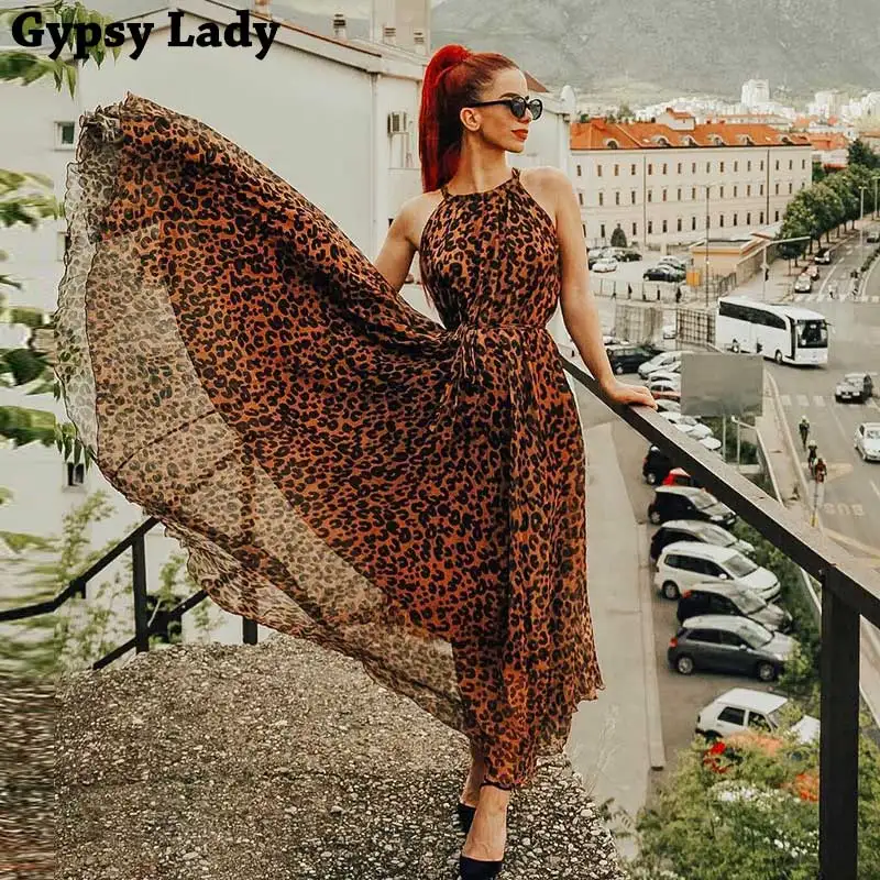 Gypsylady cheetah летнее платье с круглым вырезом Платье Бохо без рукавов леопардовое платье с поясом женское праздничное платье